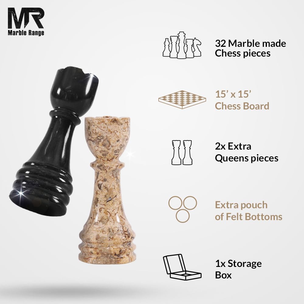 Marble Chess Set 15 Inch Handmade Board Game with Storage Box, Classic Travel Chess Set for Adults with Pieces & 2 Extra Queens, Elegant Gift & Home Décor