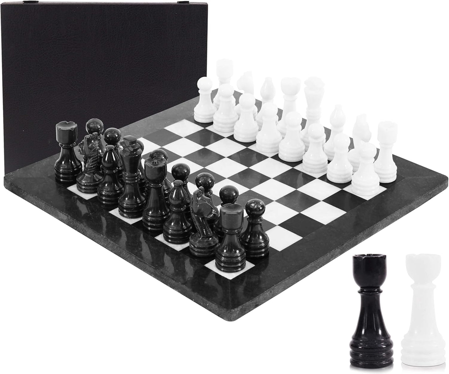 Marble Chess Set 15 Inch Handmade Board Game with Storage Box, Classic Travel Chess Set for Adults with Pieces & 2 Extra Queens, Elegant Gift & Home Décor