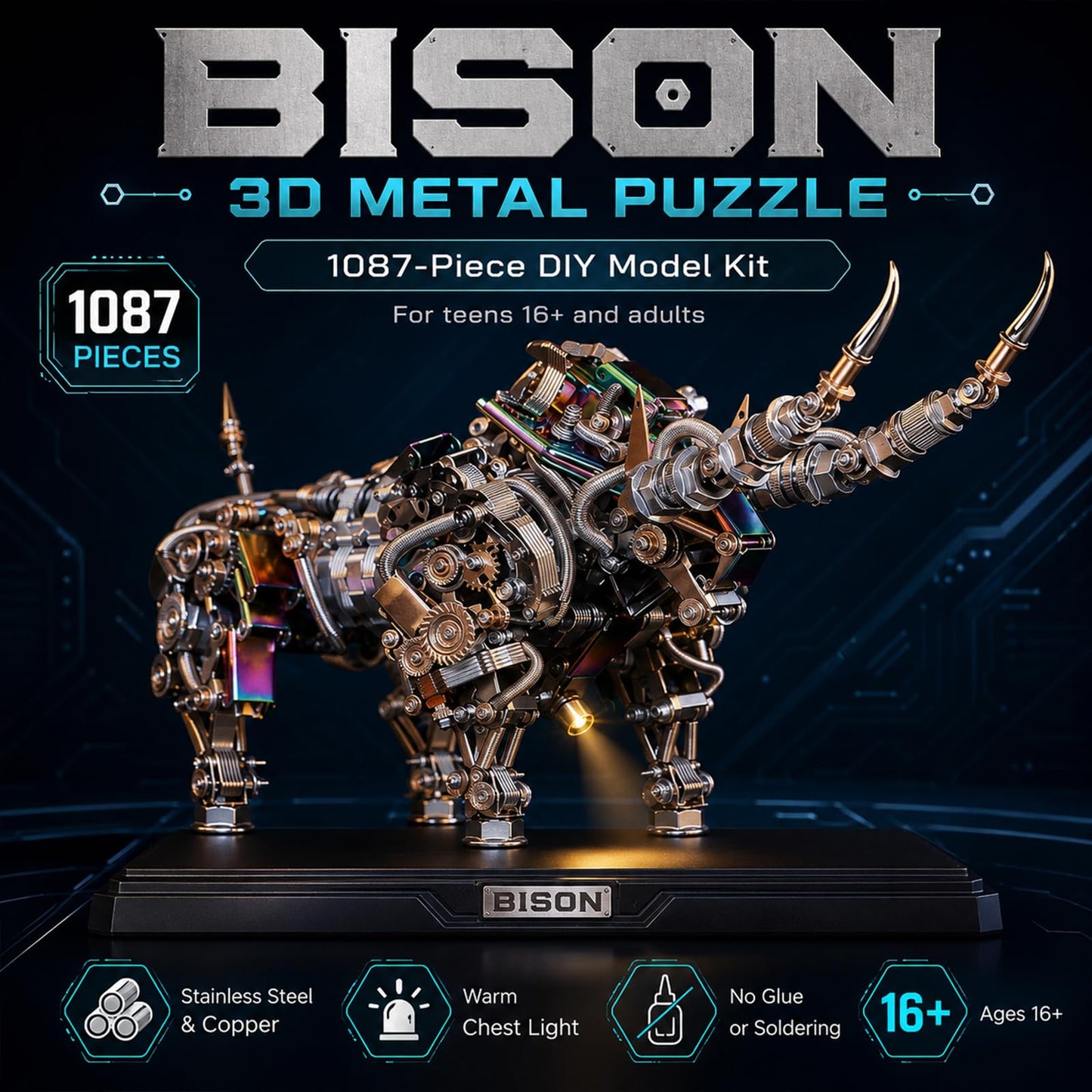 Adult 3D Metal Puzzles Bison Metal Model Kits 3D Metal Puzzles Mechanical Bulls Building Blocks Difficult DIY Assembly - High-end Gifts for Men