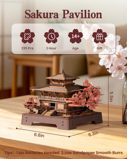 Rowood 3D Puzzles for Adults,DIY Miniature House Kit Japanese Architecture Cherry Blossom Craft Kits,Wooden Model Kit Buiding Set,Home Decor,Chirstmas Birthday Gift-Sakura Pavilion