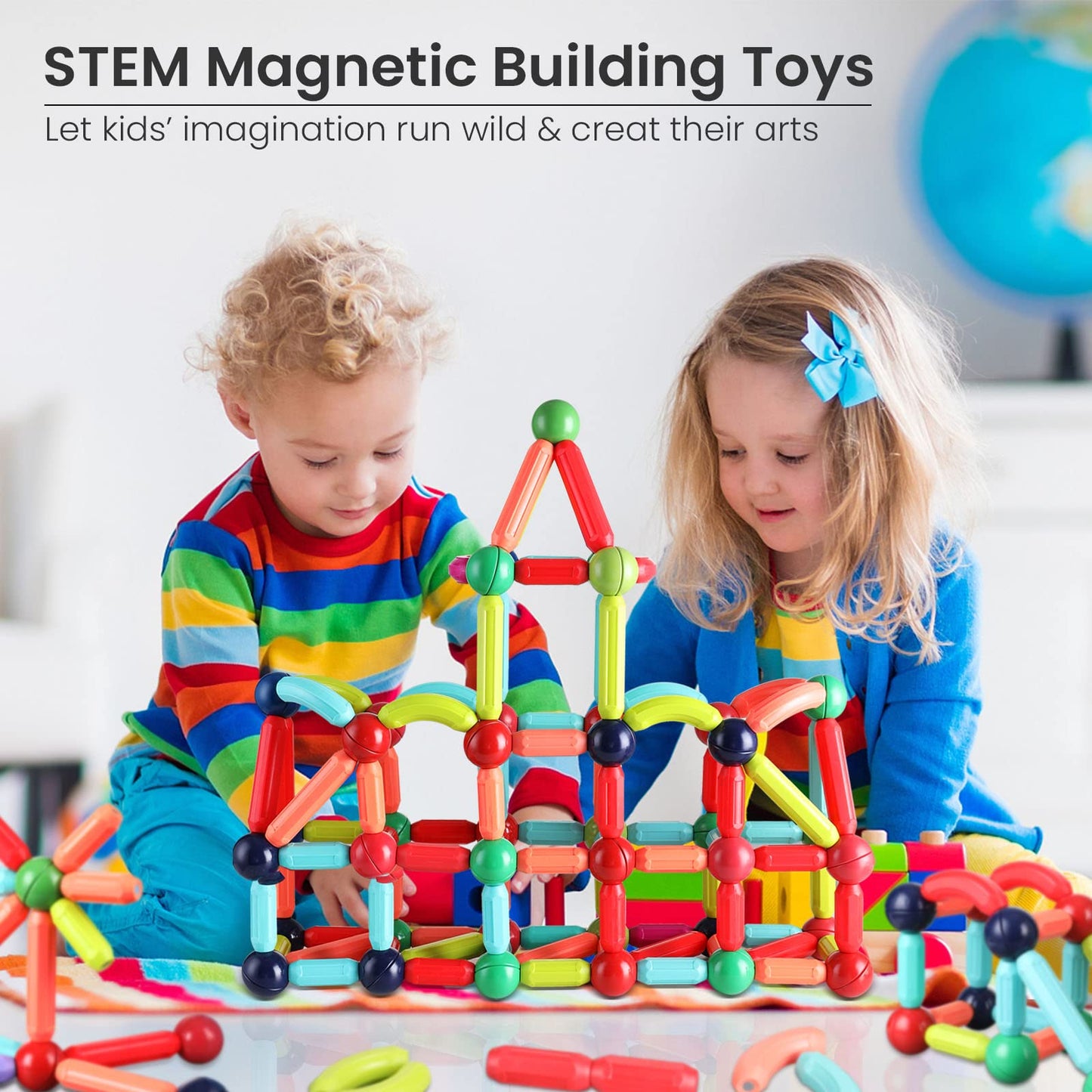 BAKAM Magnetic Building Blocks for Kids Ages 4-8, STEM Construction Toys for Boys and Girls, Large Size Magnet Sticks and Balls Game Set for Kid’s Early Educational Learning