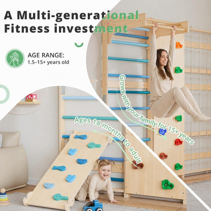 BlueWood 9-in-1 Swedish Ladder Jungle Gym, Toddler Climbing Toys Indoor & Rock Climbing Wall for Kids, Solid Wood & Wall-Mount, Space-Saving for Home Playroom, Versatile for All Age