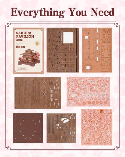Rowood 3D Puzzles for Adults,DIY Miniature House Kit Japanese Architecture Cherry Blossom Craft Kits,Wooden Model Kit Buiding Set,Home Decor,Chirstmas Birthday Gift-Sakura Pavilion