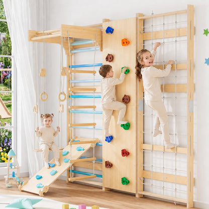 BlueWood 9-in-1 Swedish Ladder Jungle Gym, Toddler Climbing Toys Indoor & Rock Climbing Wall for Kids, Solid Wood & Wall-Mount, Space-Saving for Home Playroom, Versatile for All Age