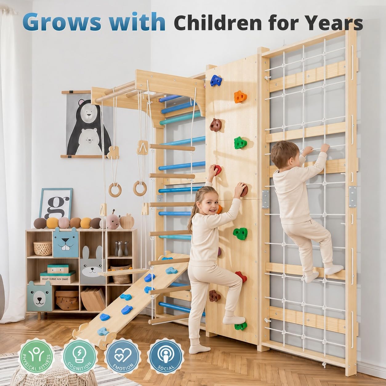BlueWood 9-in-1 Swedish Ladder Jungle Gym, Toddler Climbing Toys Indoor & Rock Climbing Wall for Kids, Solid Wood & Wall-Mount, Space-Saving for Home Playroom, Versatile for All Age