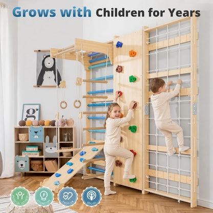 BlueWood 9-in-1 Swedish Ladder Jungle Gym, Toddler Climbing Toys Indoor & Rock Climbing Wall for Kids, Solid Wood & Wall-Mount, Space-Saving for Home Playroom, Versatile for All Age