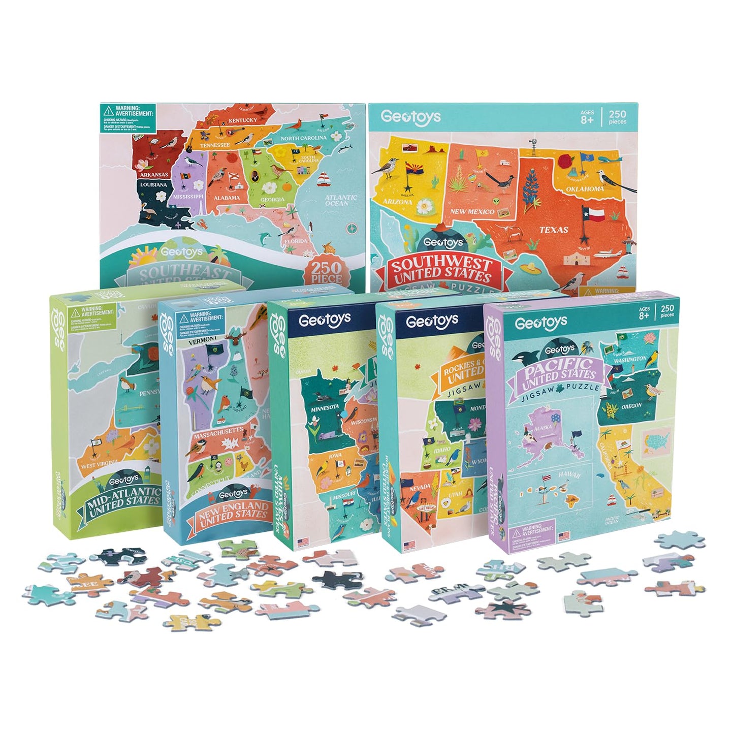 Geotoys Jigsaw Puzzle of the United States Region - 250 Piece Puzzle for Kids - Jigsaw Puzzles for Kids Ages 8-12 Years Old - Geography Puzzles with Colorful Landmarks, Flags and More