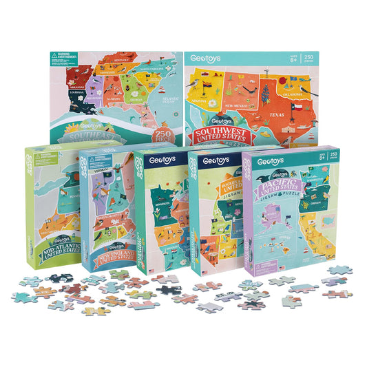 Geotoys Jigsaw Puzzle of the United States Region - 250 Piece Puzzle for Kids - Jigsaw Puzzles for Kids Ages 8-12 Years Old - Geography Puzzles with Colorful Landmarks, Flags and More