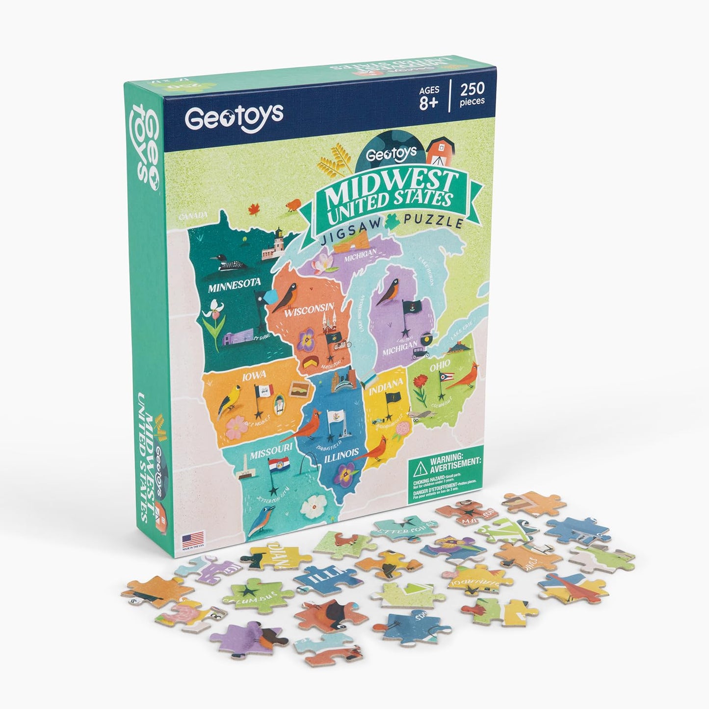 Geotoys Jigsaw Puzzle of the United States Region - 250 Piece Puzzle for Kids - Jigsaw Puzzles for Kids Ages 8-12 Years Old - Geography Puzzles with Colorful Landmarks, Flags and More