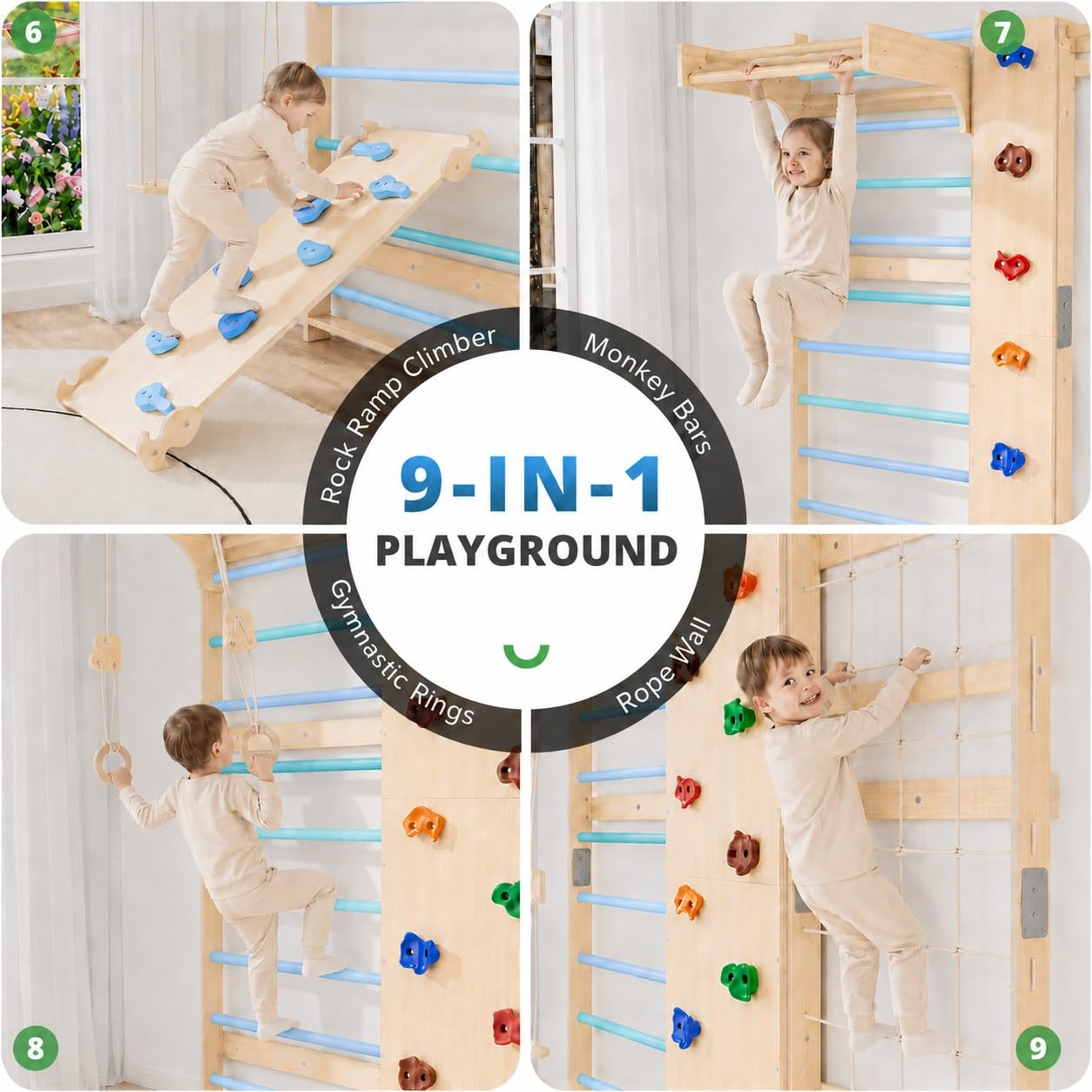 BlueWood 9-in-1 Swedish Ladder Jungle Gym, Toddler Climbing Toys Indoor & Rock Climbing Wall for Kids, Solid Wood & Wall-Mount, Space-Saving for Home Playroom, Versatile for All Age