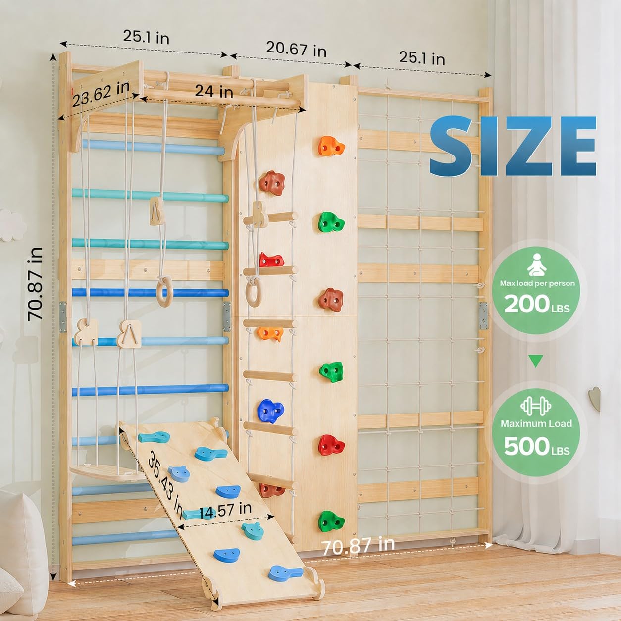 BlueWood 9-in-1 Swedish Ladder Jungle Gym, Toddler Climbing Toys Indoor & Rock Climbing Wall for Kids, Solid Wood & Wall-Mount, Space-Saving for Home Playroom, Versatile for All Age