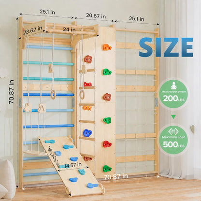 BlueWood 9-in-1 Swedish Ladder Jungle Gym, Toddler Climbing Toys Indoor & Rock Climbing Wall for Kids, Solid Wood & Wall-Mount, Space-Saving for Home Playroom, Versatile for All Age