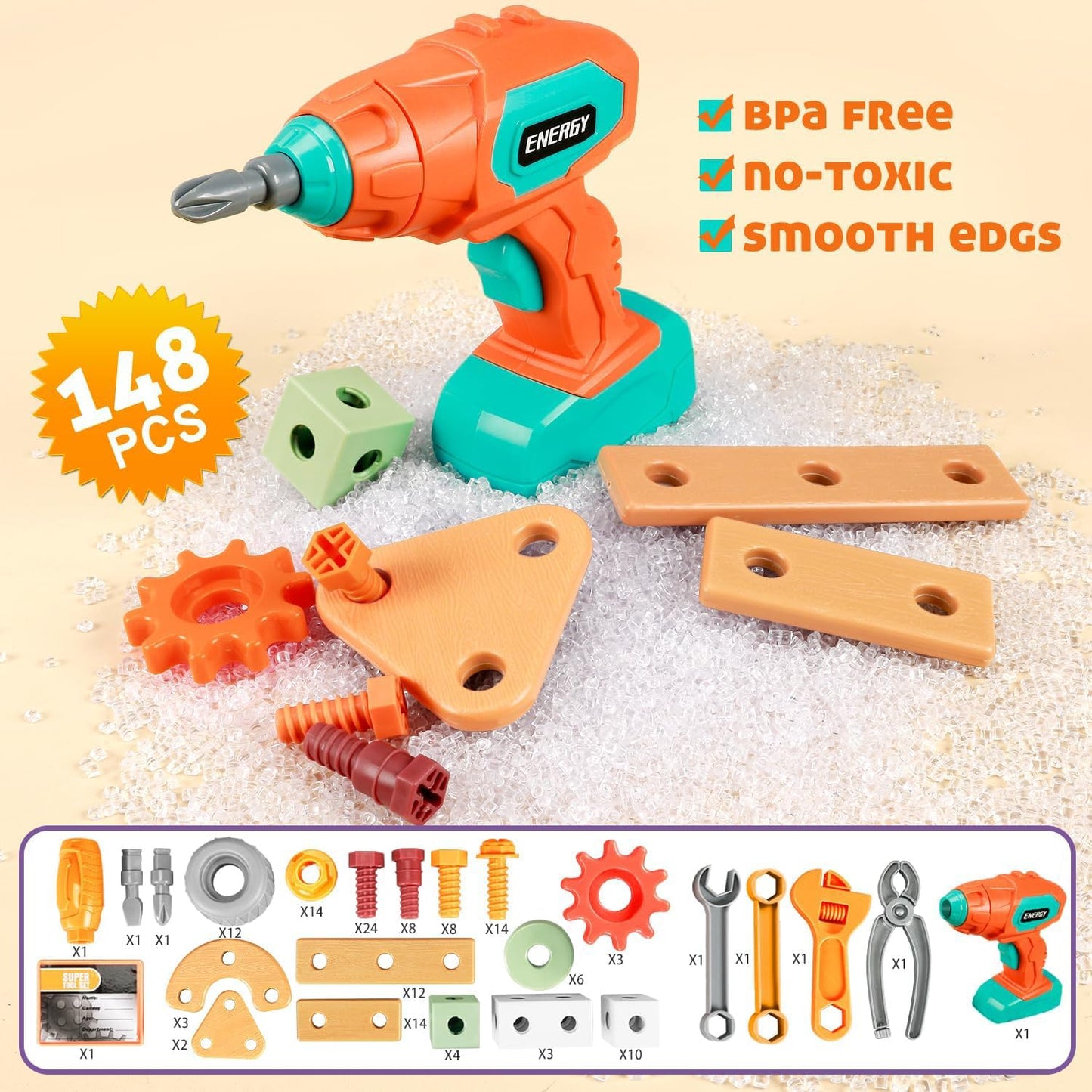 VEAIS Kids Tool Set with Drill, 148 PCS STEM Building Tools with Storage Box Plastic Todder Tool Set for Boys and Girls Age 3 4 5 6 7 8 Years