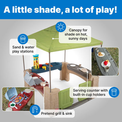 Step2 All Around Playtime Patio with Canopy, Kids Indoor/Outdoor Kitchen Playset & Sensory Playhouse, Made of Durable Plastic, Includes 16 Piece Toy Accessories, for Toddlers 2+ Years Old