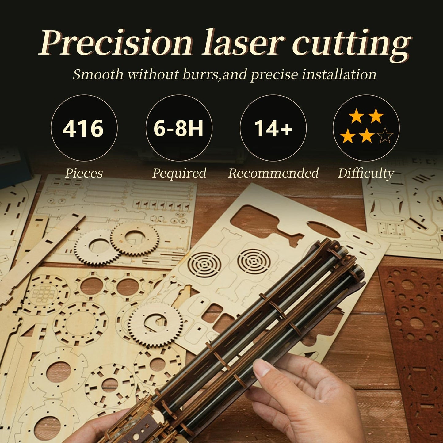 3D Wooden Puzzle Gun for Adults, Rubber Band 3D Puzzle, Gatling Gun Model Building Kit, 344pcs Wood Puzzles DIY Building Model Kits - Excellent for Adult, Teens, and Craft Enthusiasts