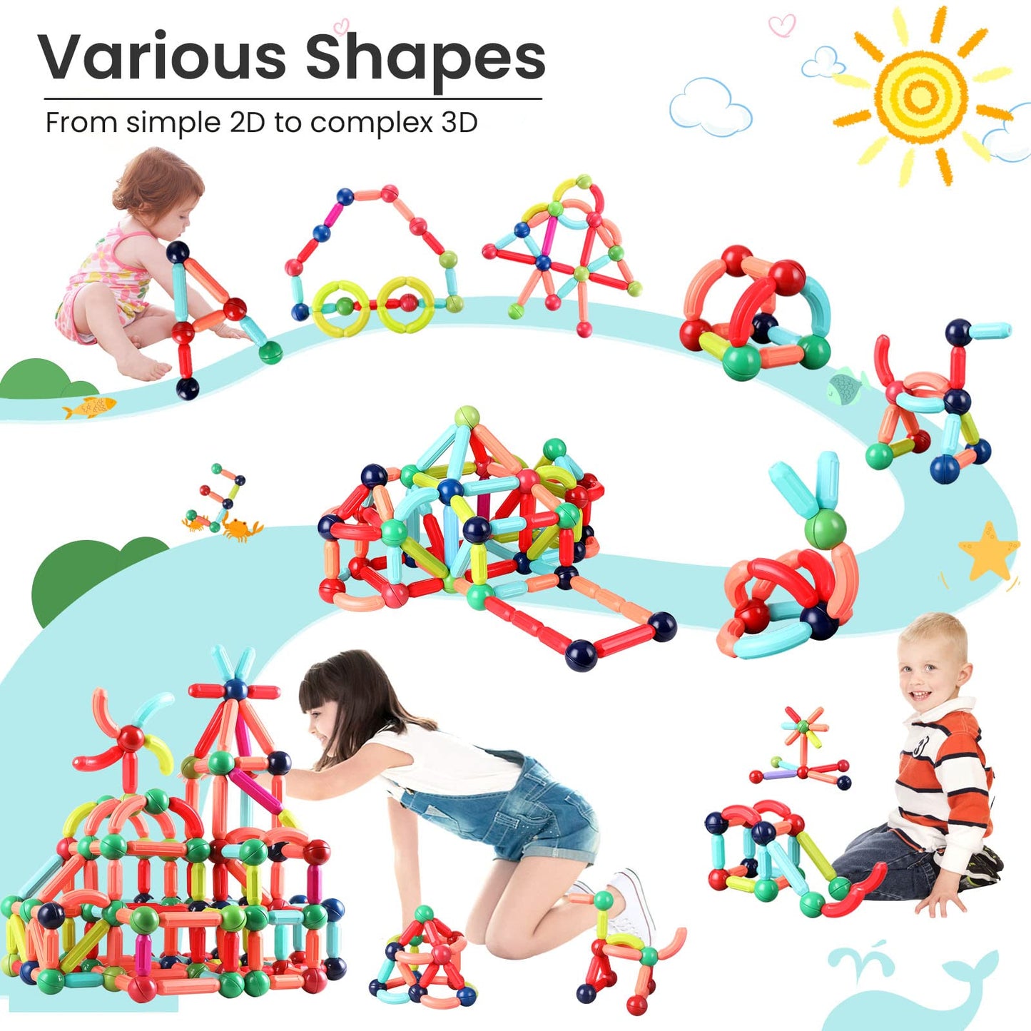 BAKAM Magnetic Building Blocks for Kids Ages 4-8, STEM Construction Toys for Boys and Girls, Large Size Magnet Sticks and Balls Game Set for Kid’s Early Educational Learning