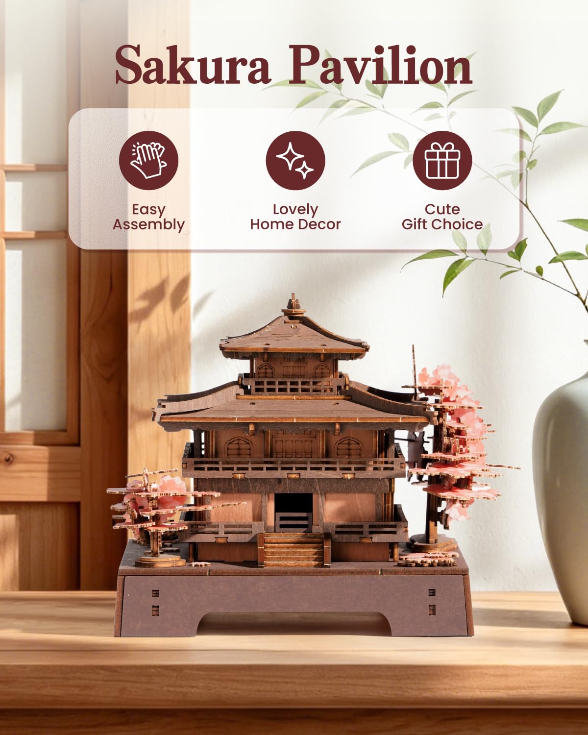Rowood 3D Puzzles for Adults,DIY Miniature House Kit Japanese Architecture Cherry Blossom Craft Kits,Wooden Model Kit Buiding Set,Home Decor,Chirstmas Birthday Gift-Sakura Pavilion