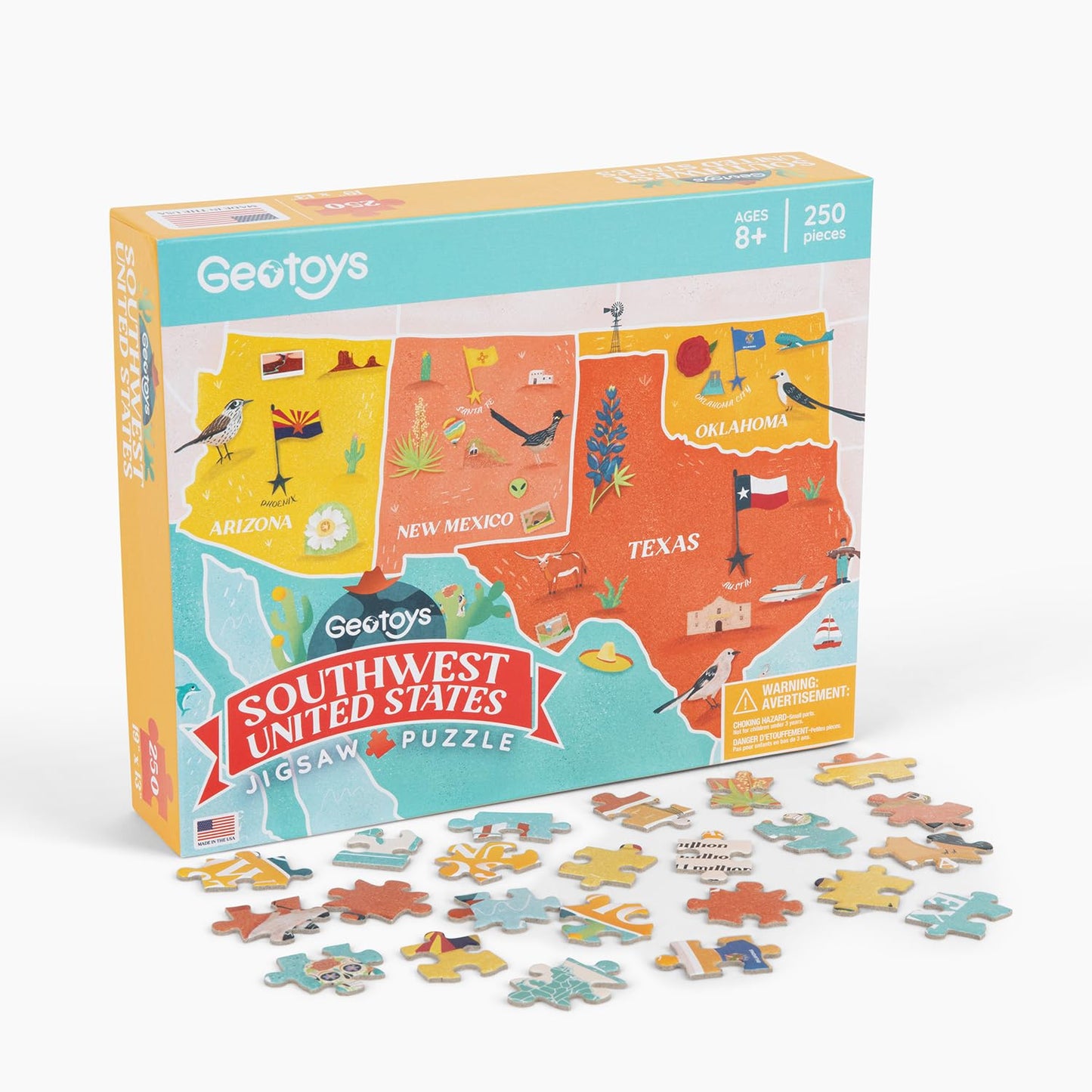 Geotoys Jigsaw Puzzle of the United States Region - 250 Piece Puzzle for Kids - Jigsaw Puzzles for Kids Ages 8-12 Years Old - Geography Puzzles with Colorful Landmarks, Flags and More