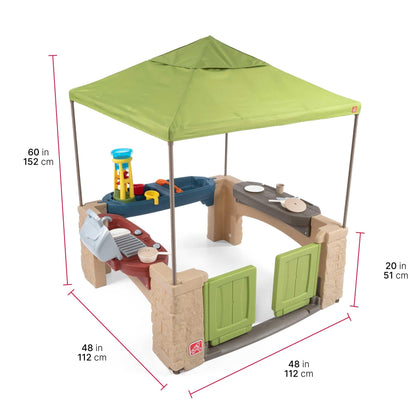 Step2 All Around Playtime Patio with Canopy, Kids Indoor/Outdoor Kitchen Playset & Sensory Playhouse, Made of Durable Plastic, Includes 16 Piece Toy Accessories, for Toddlers 2+ Years Old