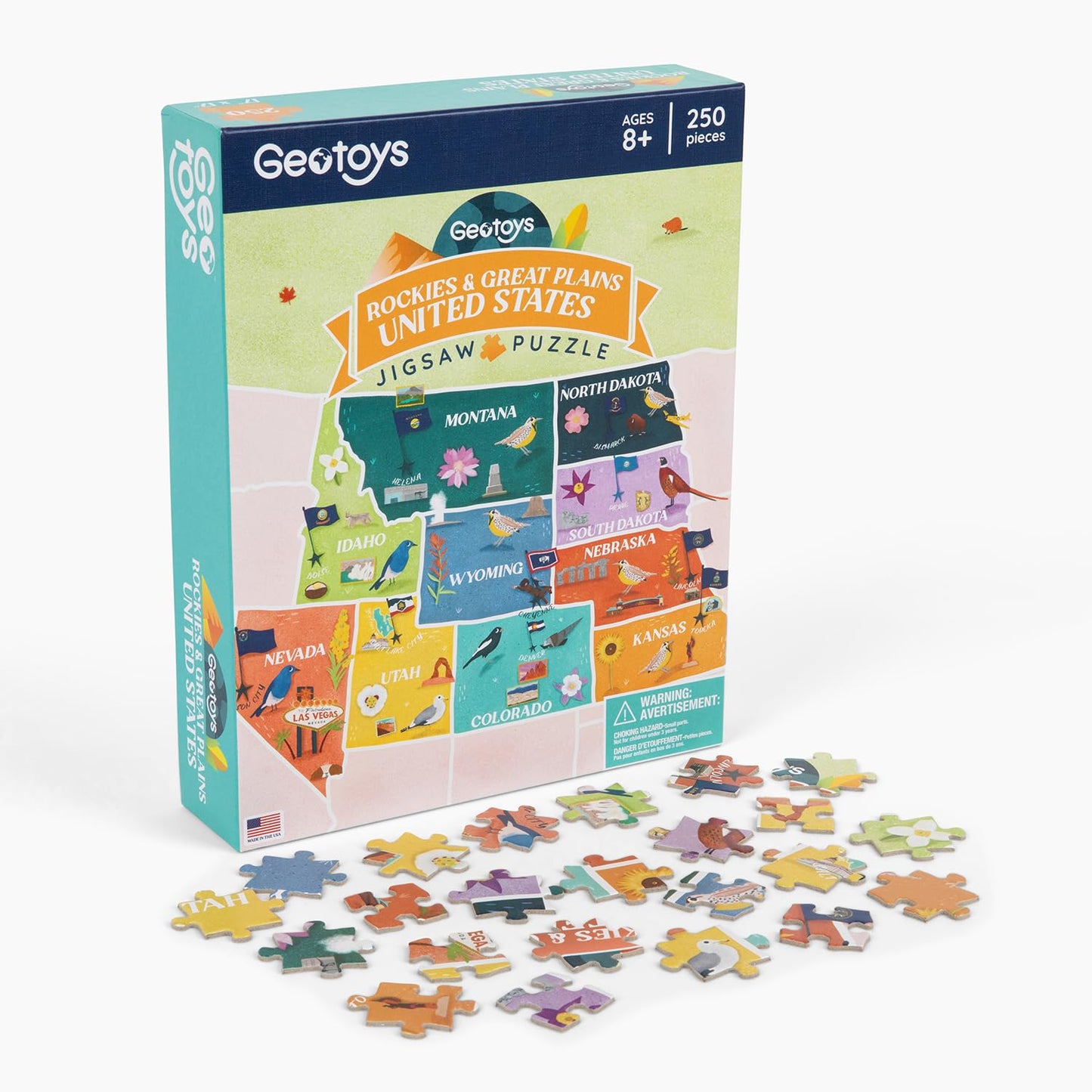 Geotoys Jigsaw Puzzle of the United States Region - 250 Piece Puzzle for Kids - Jigsaw Puzzles for Kids Ages 8-12 Years Old - Geography Puzzles with Colorful Landmarks, Flags and More