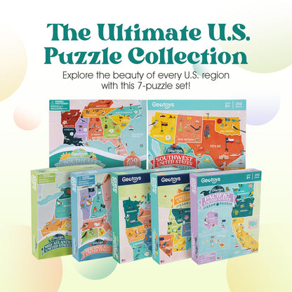 Geotoys Jigsaw Puzzle of the United States Region - 250 Piece Puzzle for Kids - Jigsaw Puzzles for Kids Ages 8-12 Years Old - Geography Puzzles with Colorful Landmarks, Flags and More