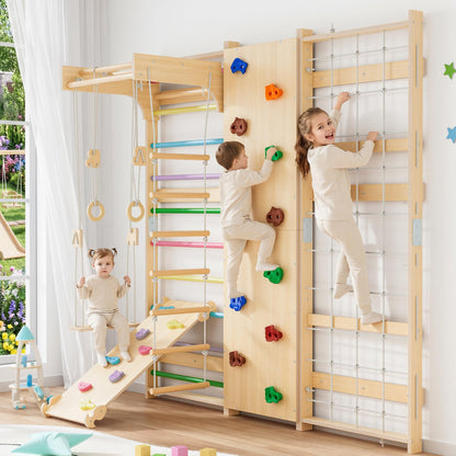 BlueWood 9-in-1 Swedish Ladder Jungle Gym, Toddler Climbing Toys Indoor & Rock Climbing Wall for Kids, Solid Wood & Wall-Mount, Space-Saving for Home Playroom, Versatile for All Age