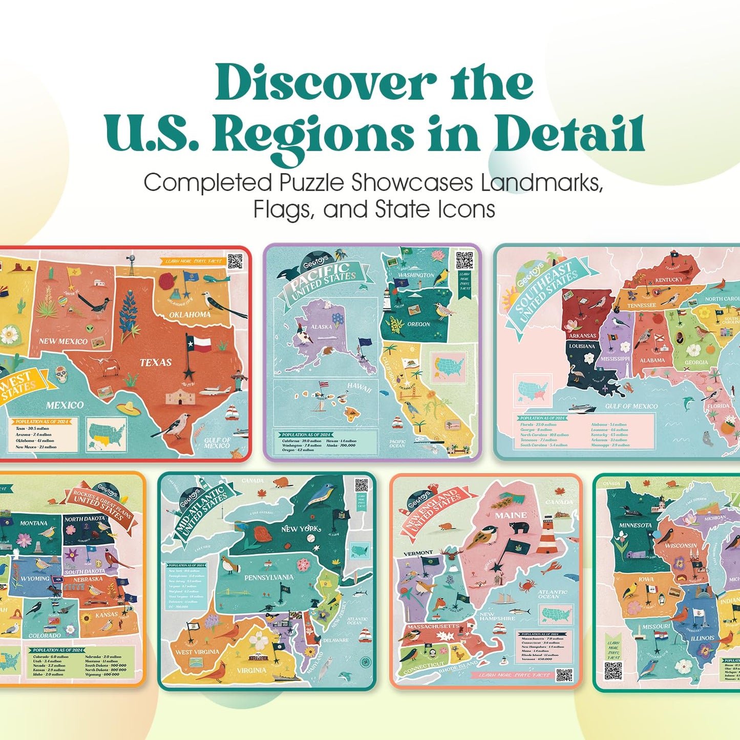 Geotoys Jigsaw Puzzle of the United States Region - 250 Piece Puzzle for Kids - Jigsaw Puzzles for Kids Ages 8-12 Years Old - Geography Puzzles with Colorful Landmarks, Flags and More