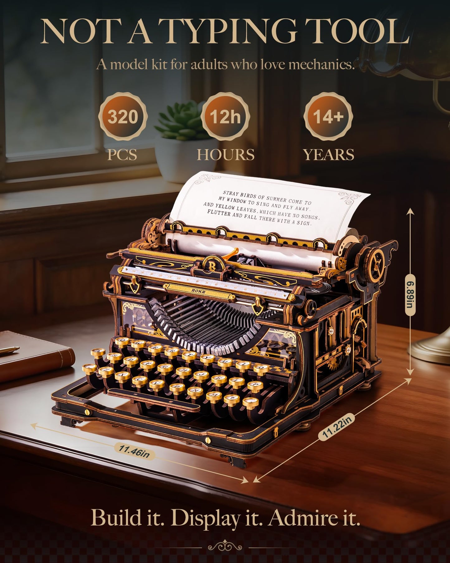 ROKR 3D Wooden Puzzle Typewriter Model Kit, Gift for Adults