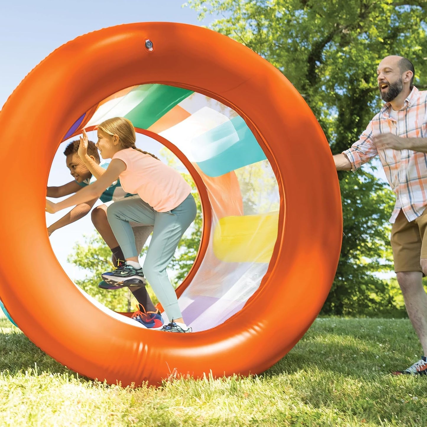 HearthSong Roll with It! 2.0 Giant Inflatable Rainbow Land Roller with Mesh Interior for Active Outdoor Play, 67" Outer Diam. x 45" Inner Diam., Holds up to 300 lbs - Variants