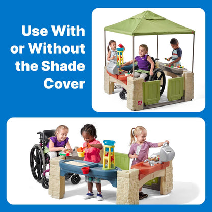 Step2 All Around Playtime Patio with Canopy, Kids Indoor/Outdoor Kitchen Playset & Sensory Playhouse, Made of Durable Plastic, Includes 16 Piece Toy Accessories, for Toddlers 2+ Years Old