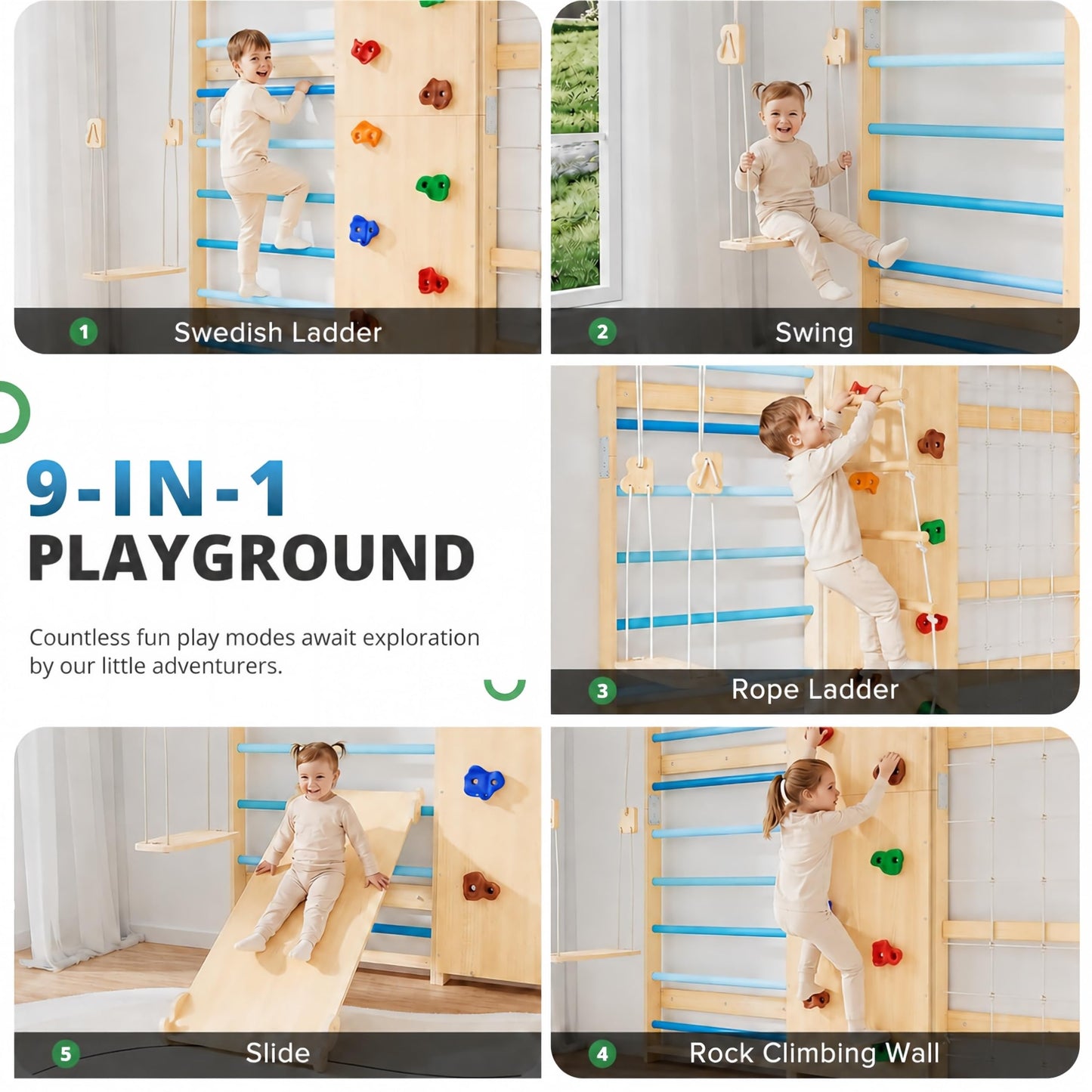 BlueWood 9-in-1 Swedish Ladder Jungle Gym, Toddler Climbing Toys Indoor & Rock Climbing Wall for Kids, Solid Wood & Wall-Mount, Space-Saving for Home Playroom, Versatile for All Age