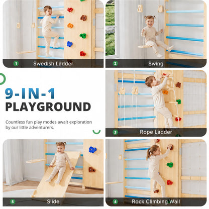 BlueWood 9-in-1 Swedish Ladder Jungle Gym, Toddler Climbing Toys Indoor & Rock Climbing Wall for Kids, Solid Wood & Wall-Mount, Space-Saving for Home Playroom, Versatile for All Age
