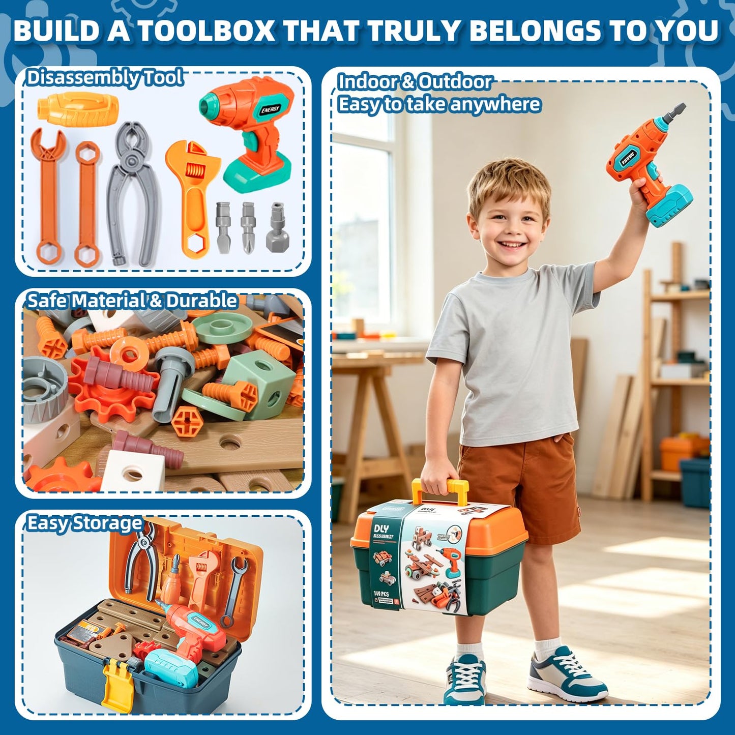 VEAIS Kids Tool Set with Drill, 148 PCS STEM Building Tools with Storage Box Plastic Todder Tool Set for Boys and Girls Age 3 4 5 6 7 8 Years