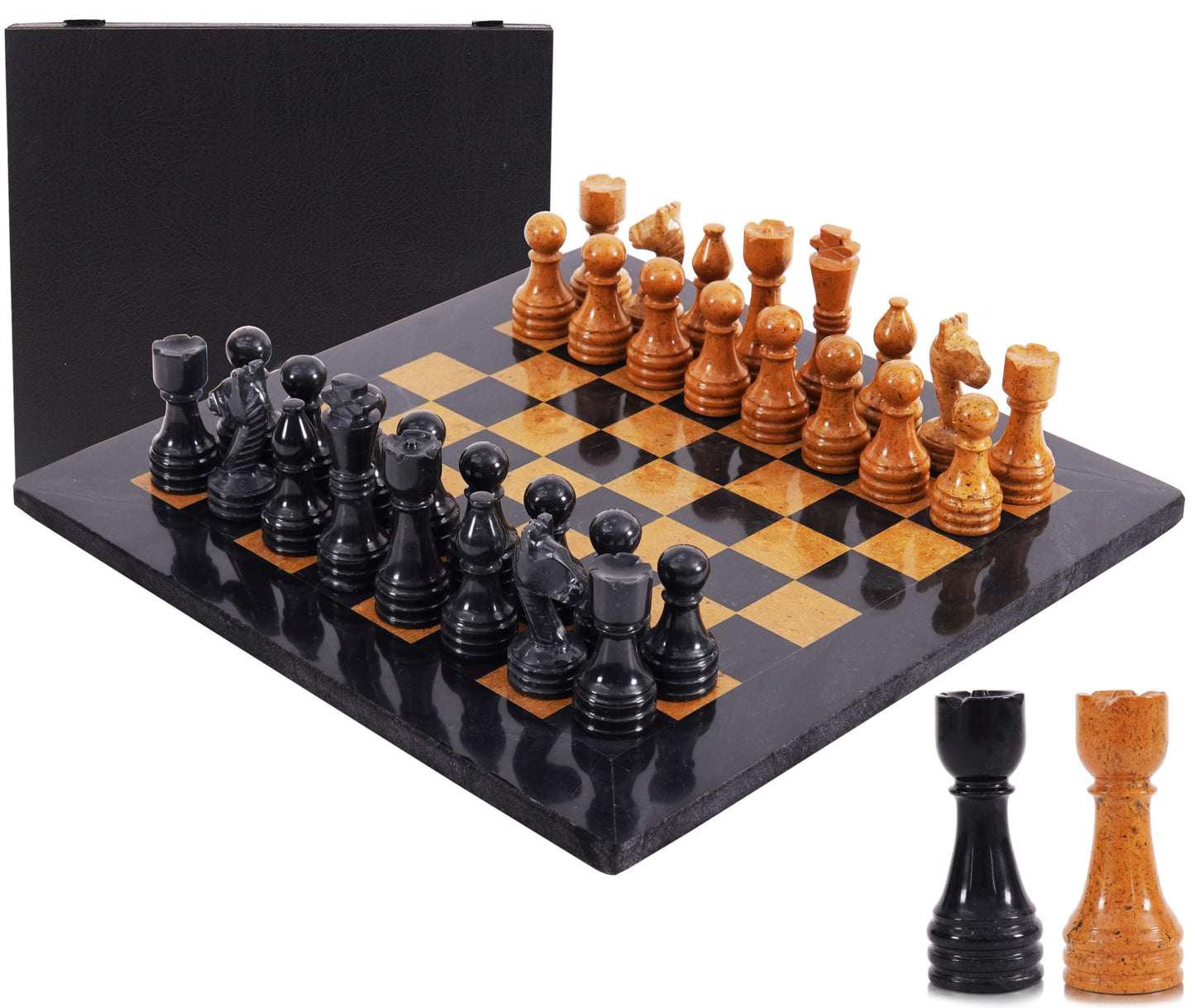 Marble Chess Set 15 Inch Handmade Board Game with Storage Box, Classic Travel Chess Set for Adults with Pieces & 2 Extra Queens, Elegant Gift & Home Décor
