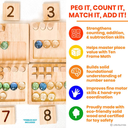 LITTLE BUD KIDS Counting Pegs - A Ten Frame Math Game with Addition and Subtraction Flash Cards, A Wooden Montessori Math Toy & Math Manipulatives Number Peg Boards for Kids 3 4 5 6 7