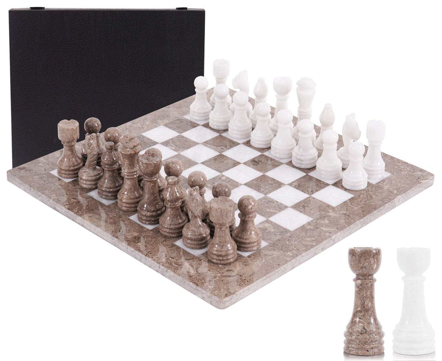 Marble Chess Set 15 Inch Handmade Board Game with Storage Box, Classic Travel Chess Set for Adults with Pieces & 2 Extra Queens, Elegant Gift & Home Décor