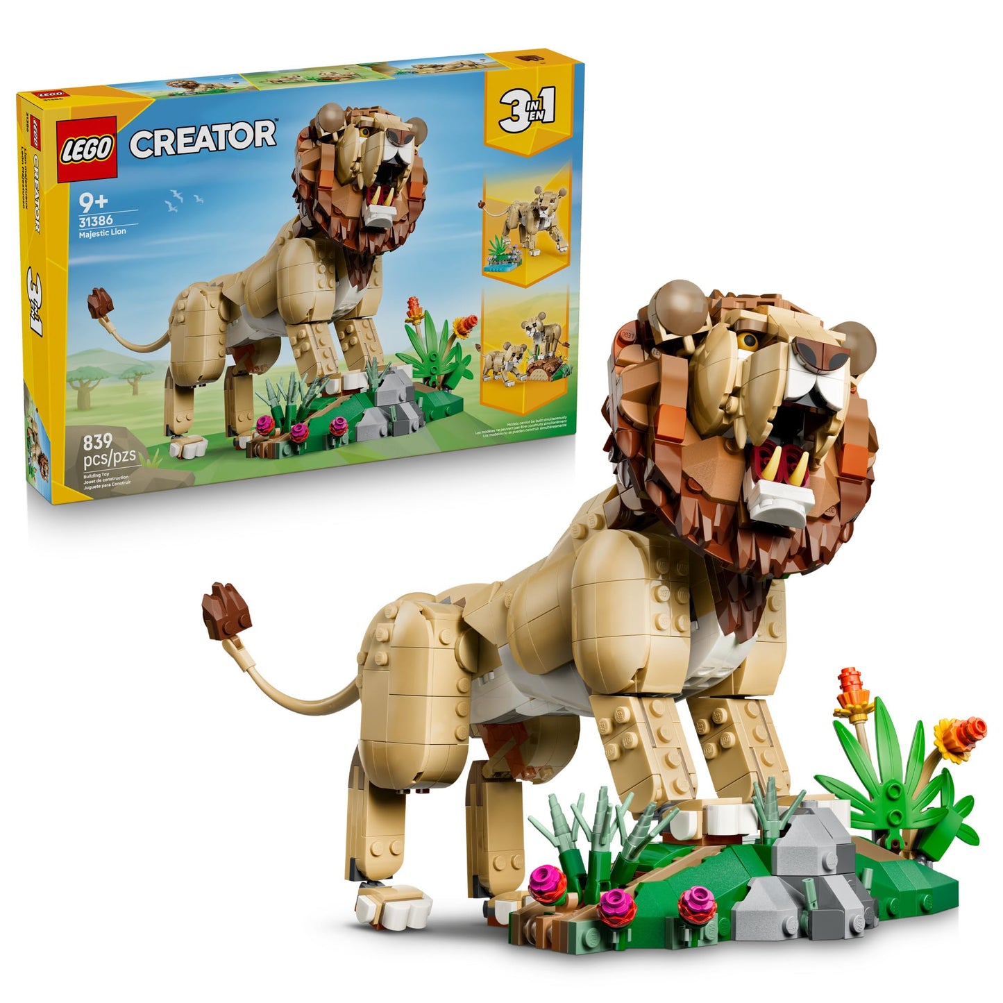 LEGO Creator 3 in 1 Wild Animals: Majestic Lion - Building Toy for Boys & Girls, Ages 9+ - Kids Bedroom or Desk Decor - Lion Toy with 3 Building Options - Gift for Birthdays - 31386