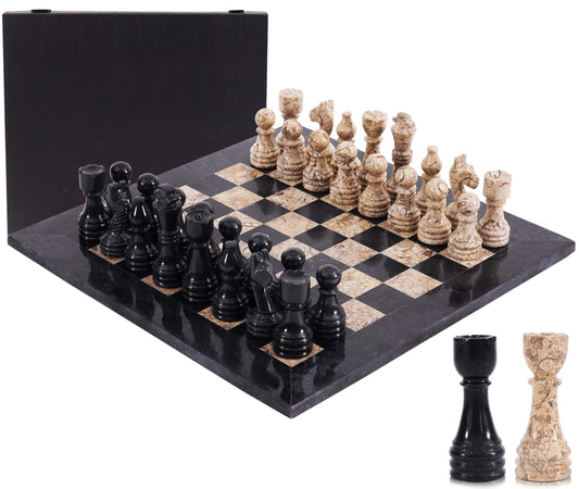 Marble Chess Set 15 Inch Handmade Board Game with Storage Box, Classic Travel Chess Set for Adults with Pieces & 2 Extra Queens, Elegant Gift & Home Décor