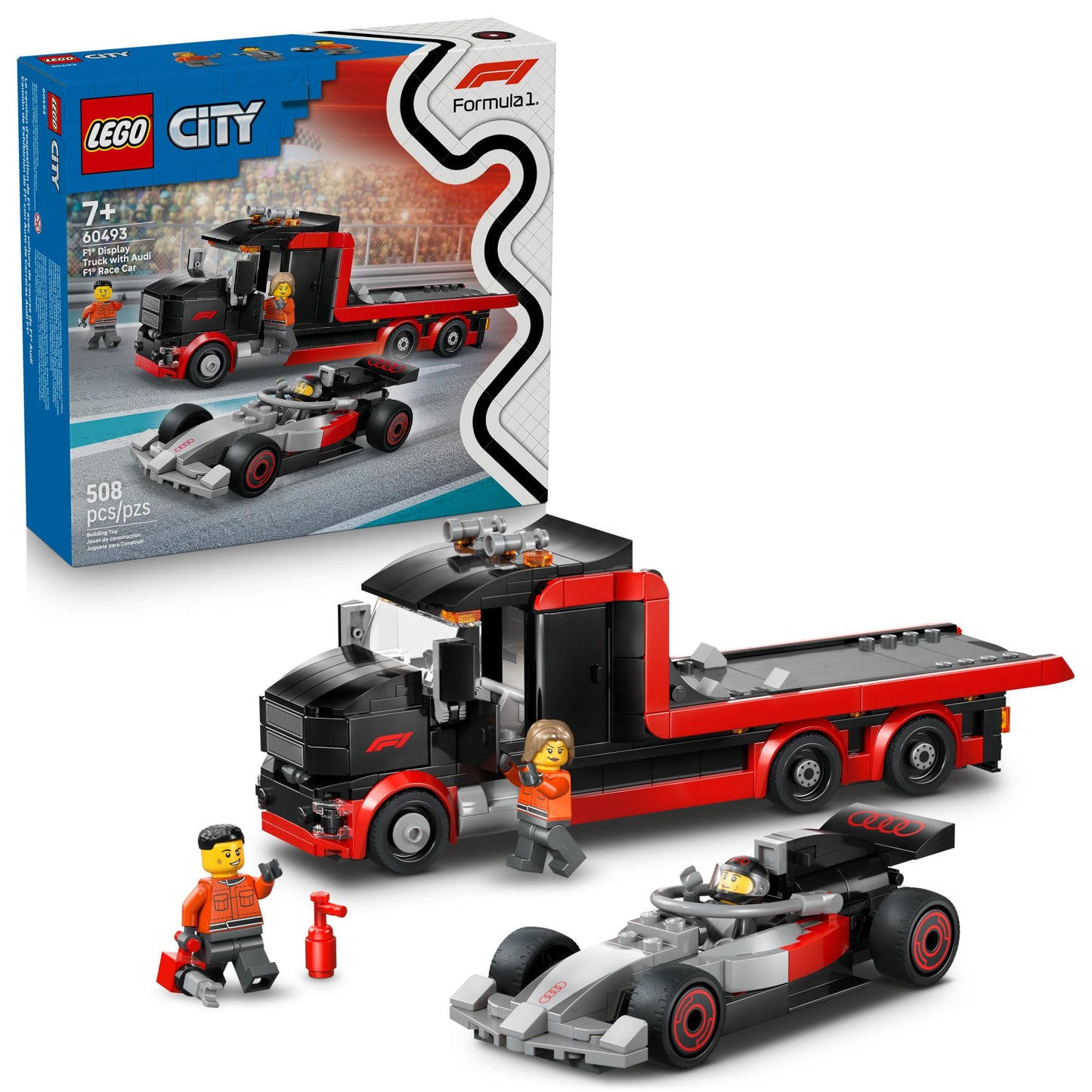 LEGO City F1 Display Truck with Audi F1 Race Car - Building Toy for Boys & Girls, Ages 7+ - F1 Car Toy for Pretend Play - Gift for Birthdays - 60493