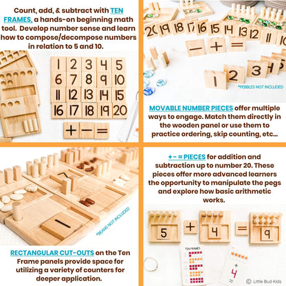 LITTLE BUD KIDS Counting Pegs - A Ten Frame Math Game with Addition and Subtraction Flash Cards, A Wooden Montessori Math Toy & Math Manipulatives Number Peg Boards for Kids 3 4 5 6 7