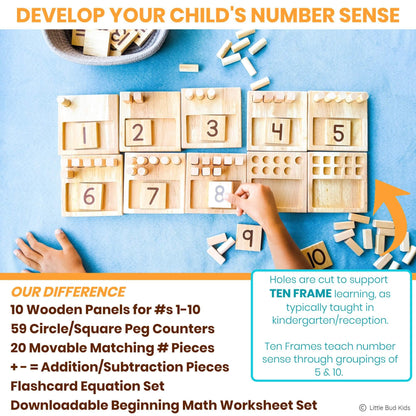 LITTLE BUD KIDS Counting Pegs - A Ten Frame Math Game with Addition and Subtraction Flash Cards, A Wooden Montessori Math Toy & Math Manipulatives Number Peg Boards for Kids 3 4 5 6 7