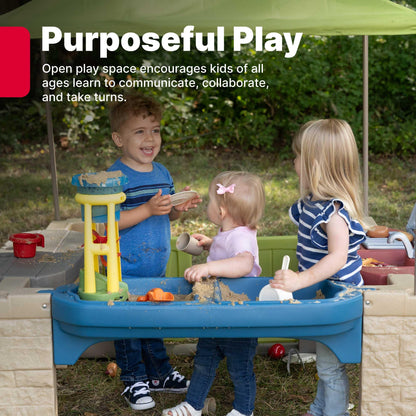 Step2 All Around Playtime Patio with Canopy, Kids Indoor/Outdoor Kitchen Playset & Sensory Playhouse, Made of Durable Plastic, Includes 16 Piece Toy Accessories, for Toddlers 2+ Years Old