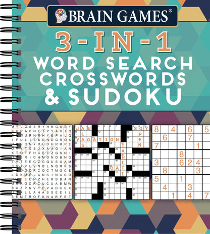 Brain Games - 3-In-1 Puzzle Book: Word Search, Crosswords & Sudoku | 256 Pages, Spiral Bound | Large Variety Activity Book for Adults, Seniors, Teens