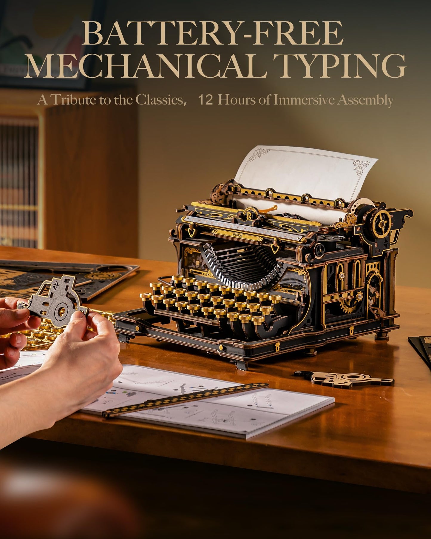 ROKR 3D Wooden Puzzle Typewriter Model Kit, Gift for Adults