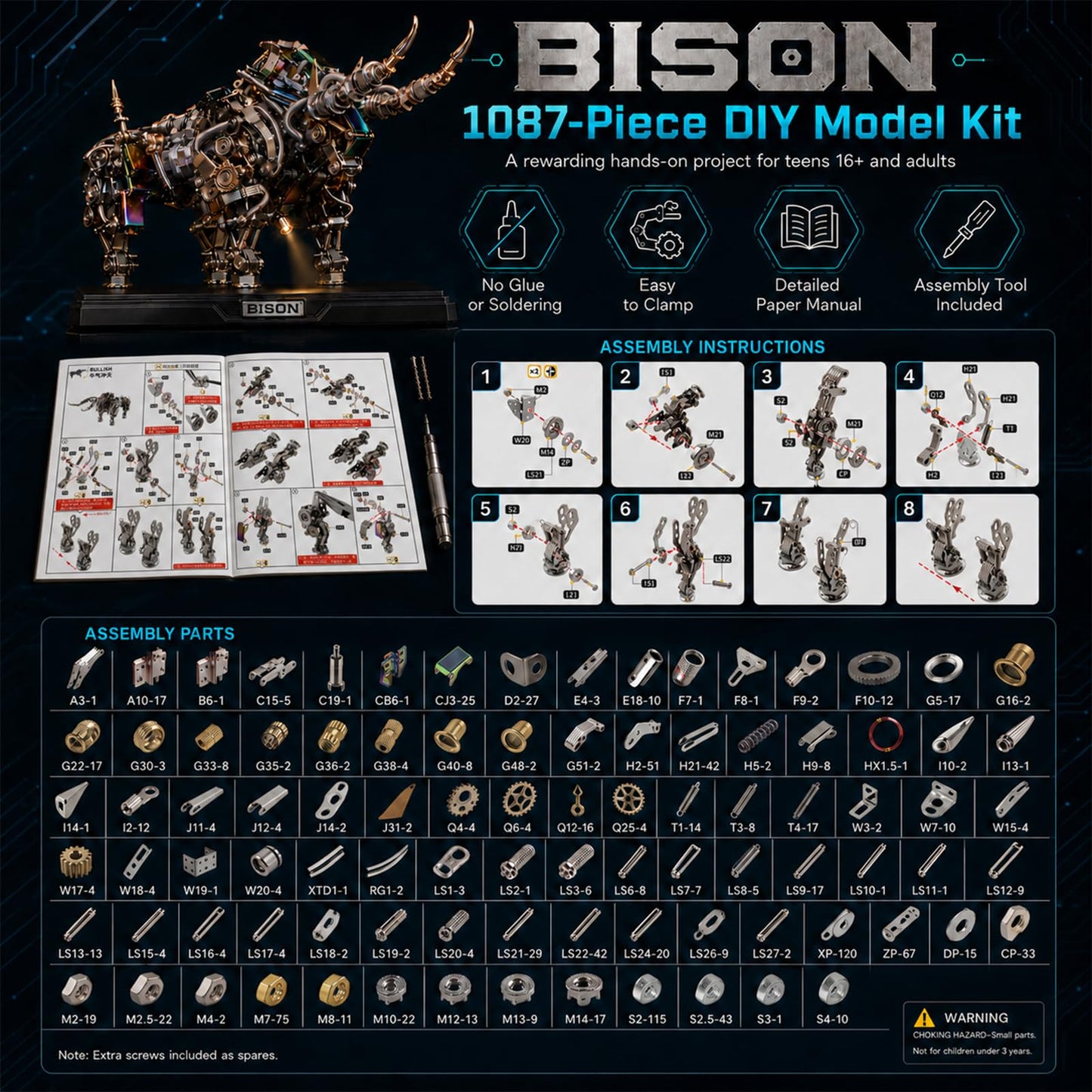 Adult 3D Metal Puzzles Bison Metal Model Kits 3D Metal Puzzles Mechanical Bulls Building Blocks Difficult DIY Assembly - High-end Gifts for Men