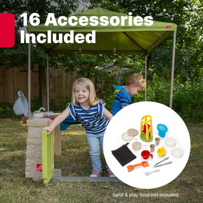 Step2 All Around Playtime Patio with Canopy, Kids Indoor/Outdoor Kitchen Playset & Sensory Playhouse, Made of Durable Plastic, Includes 16 Piece Toy Accessories, for Toddlers 2+ Years Old