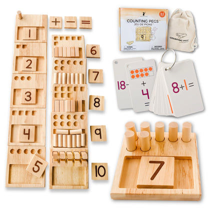 LITTLE BUD KIDS Counting Pegs - A Ten Frame Math Game with Addition and Subtraction Flash Cards, A Wooden Montessori Math Toy & Math Manipulatives Number Peg Boards for Kids 3 4 5 6 7
