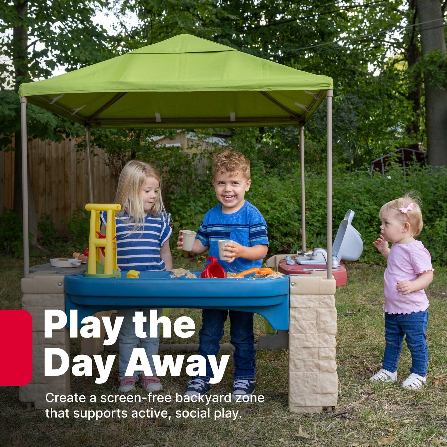Step2 All Around Playtime Patio with Canopy, Kids Indoor/Outdoor Kitchen Playset & Sensory Playhouse, Made of Durable Plastic, Includes 16 Piece Toy Accessories, for Toddlers 2+ Years Old
