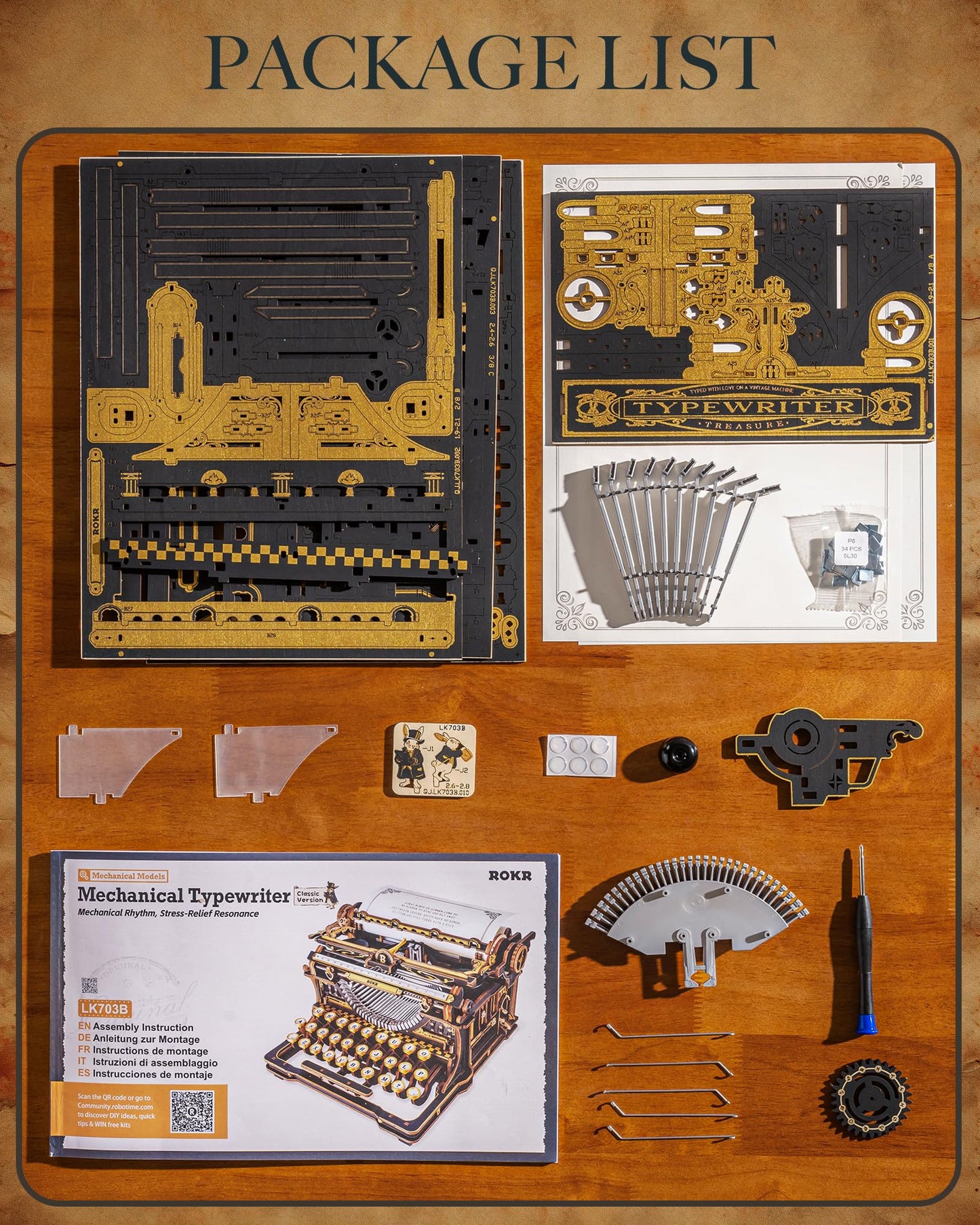 ROKR 3D Wooden Puzzle Typewriter Model Kit, Gift for Adults