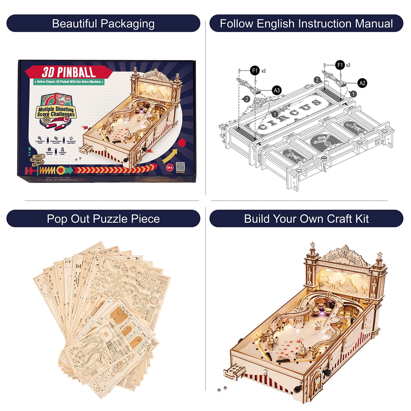 Rowood Wooden Puzzles 3D Pinball Machine Mechanical Model Wooden 3D Puzzles for Adults DIY Pinball Game Wooden Puzzle-Model Building Kits Christmas Birthday Gifts for Adult and 14+